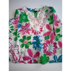 Talbots Petites XL Floral Blouse Tunic 3/4 Sleeve Cotton Embroidered
